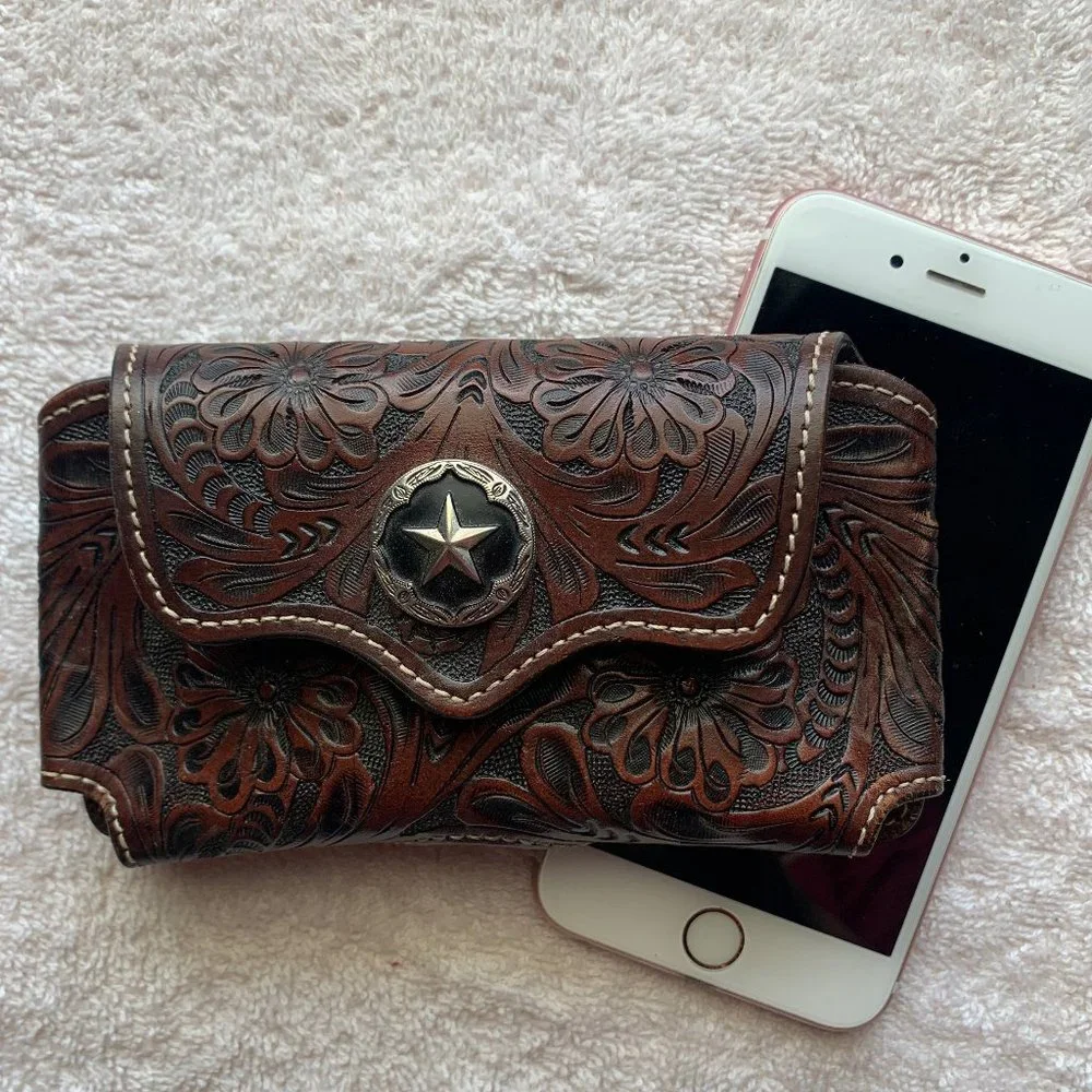 Hand Tooled Western Floral Leather Cell Phone with Belt Clip
